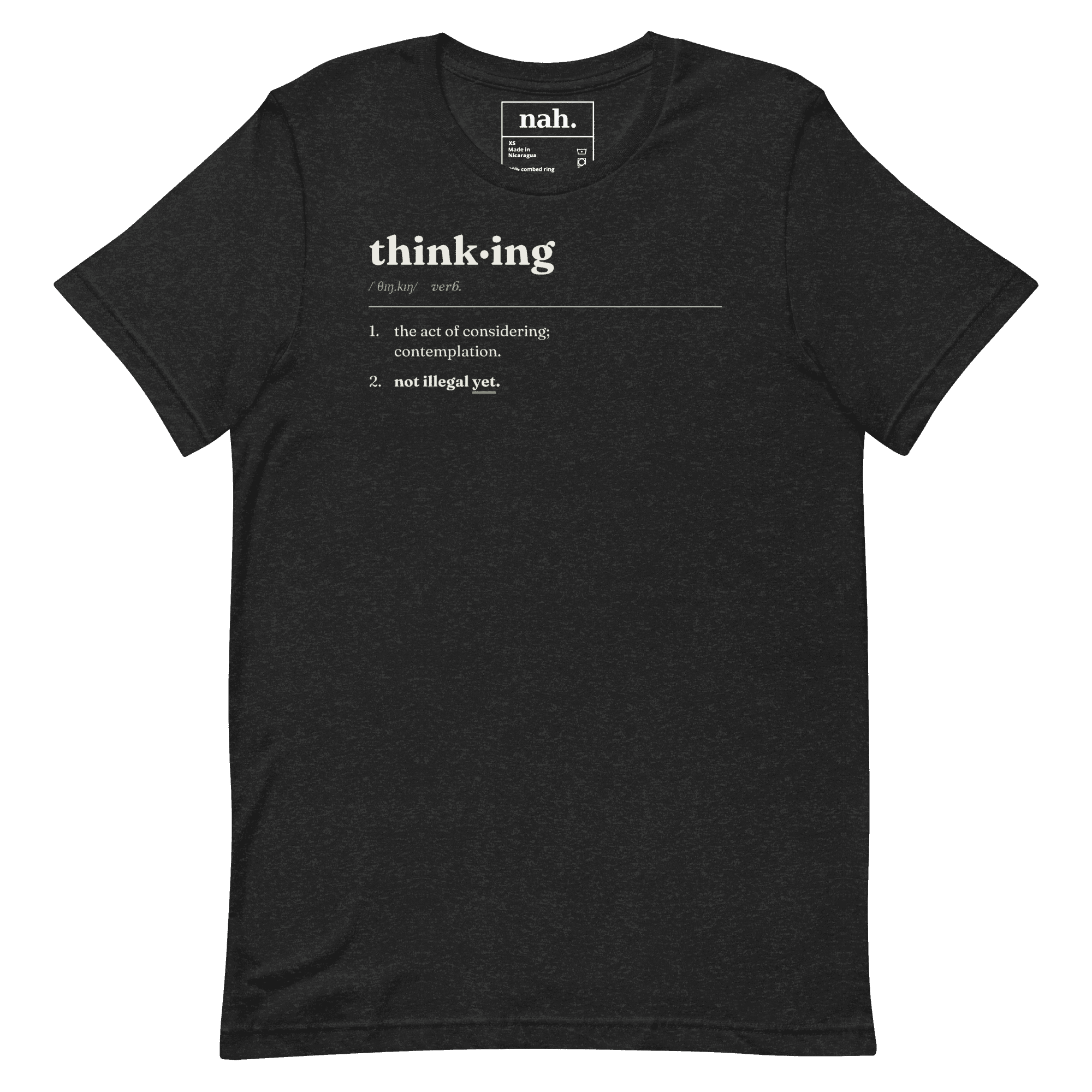 Thinking, Defined Tee shown in Black Heather, Front view