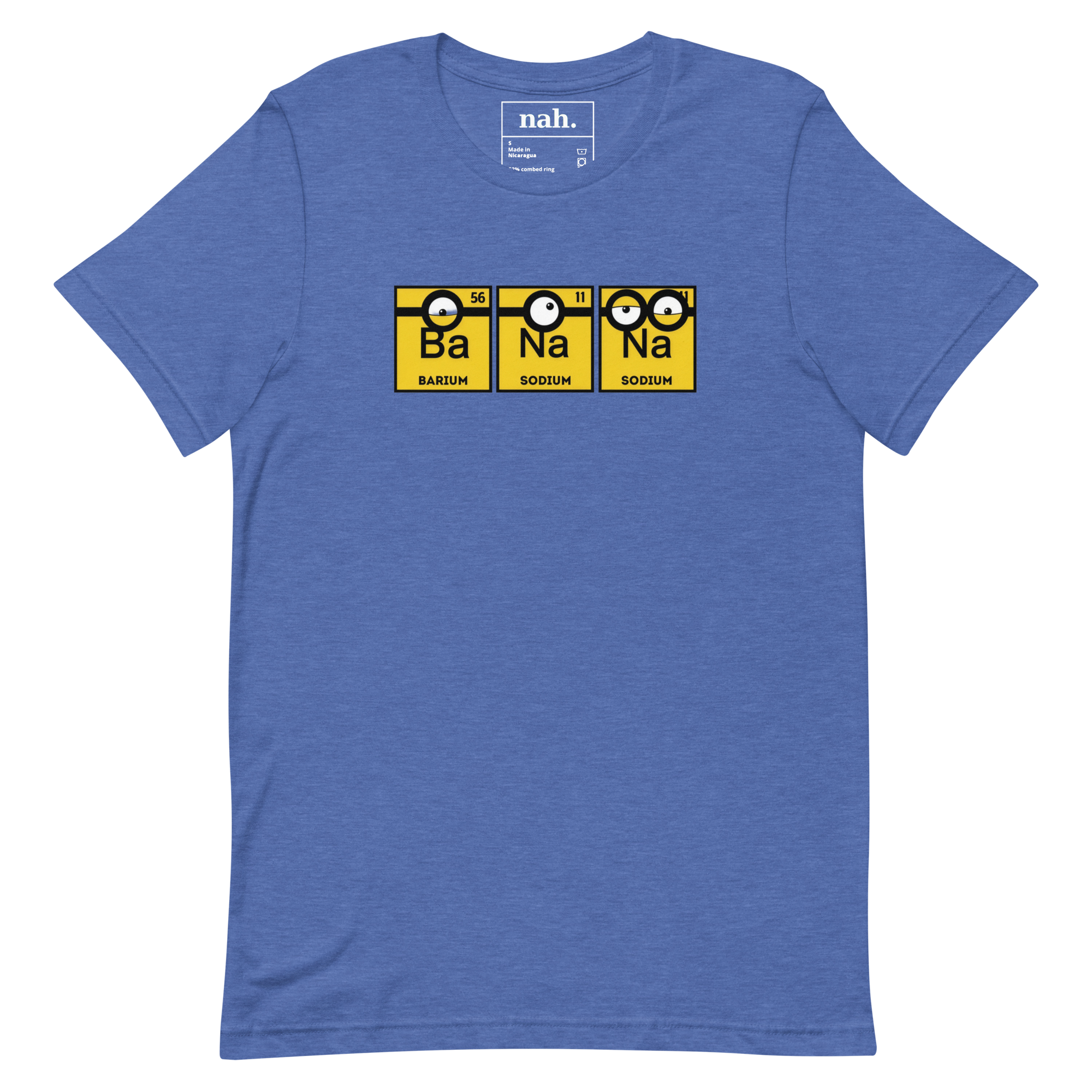 Barium, Sodium, and Sodium elements as cartoon characters on a blue graphic tee.