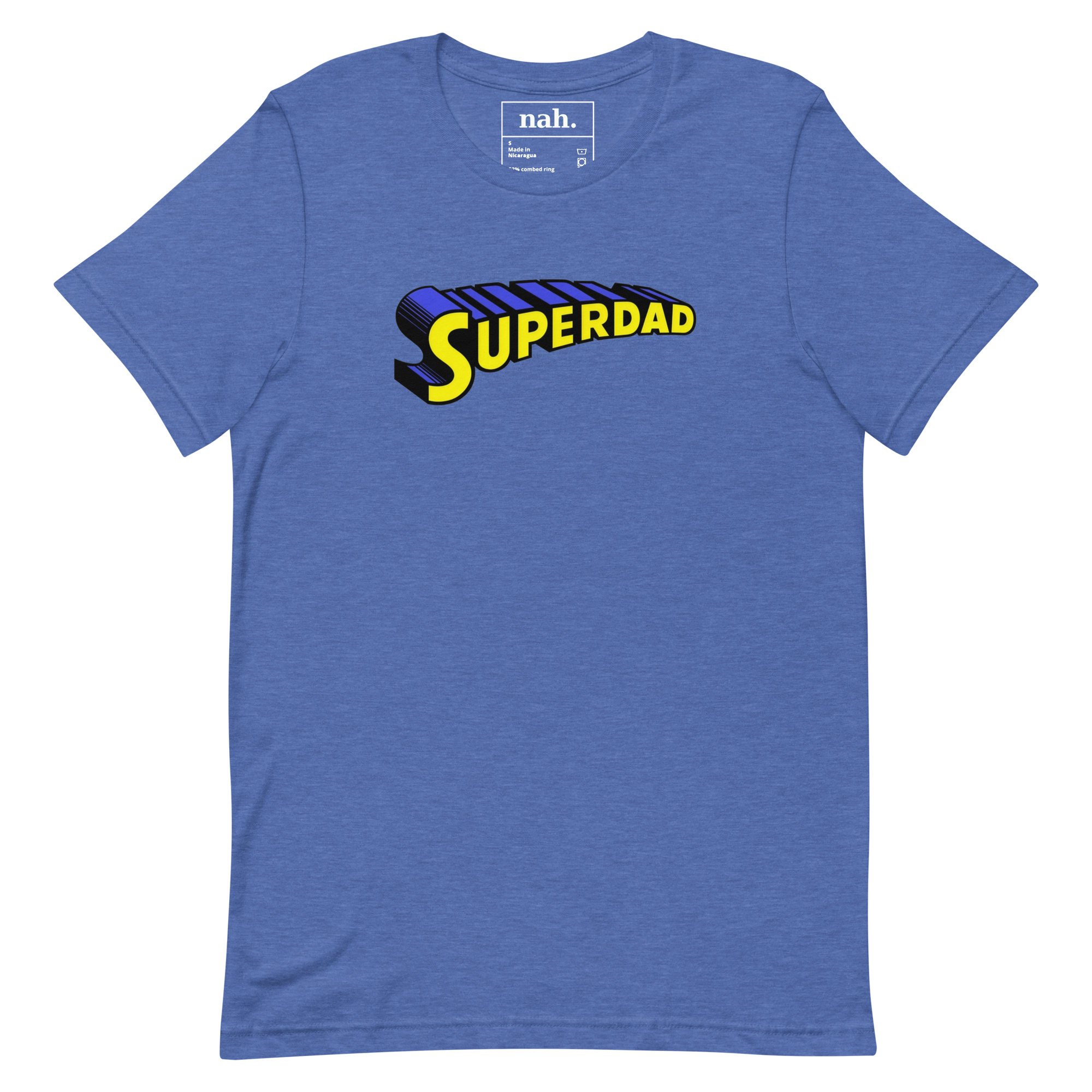 Superdad graphic tee with bold, colorful text design on a blue shirt. Perfect for dads who want to s.