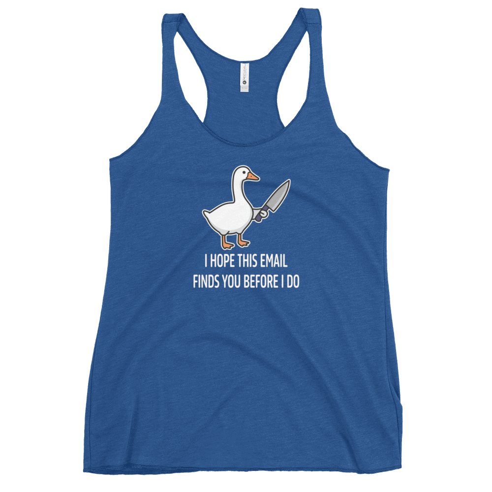 A1: Alt tag: Funny goose graphic tank top with humorous email joke, blue color, casual style.